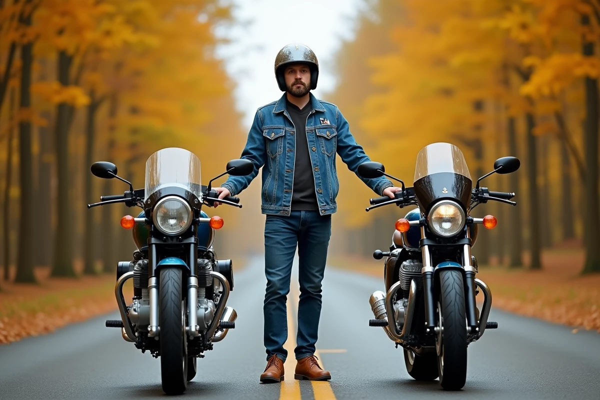 Motard masculin comparant une Kawasaki KZ400 classique et une Z400 moderne sur une route de campagne bordée d'arbres aux couleurs automnales, symbolisant le choix entre style vintage et modernité