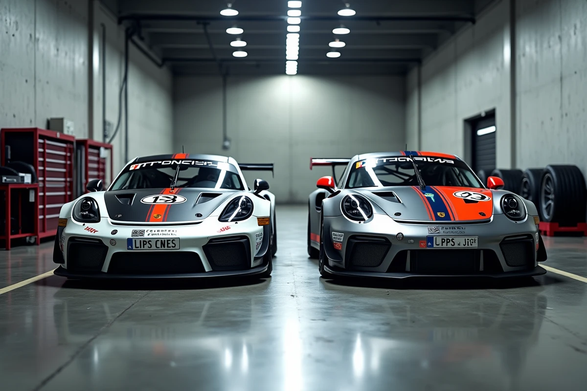 Comparaison Porsche GT4 Clubsport et GT3 Cup 992 côte à côte dans un garage de course, vue frontale symétrique