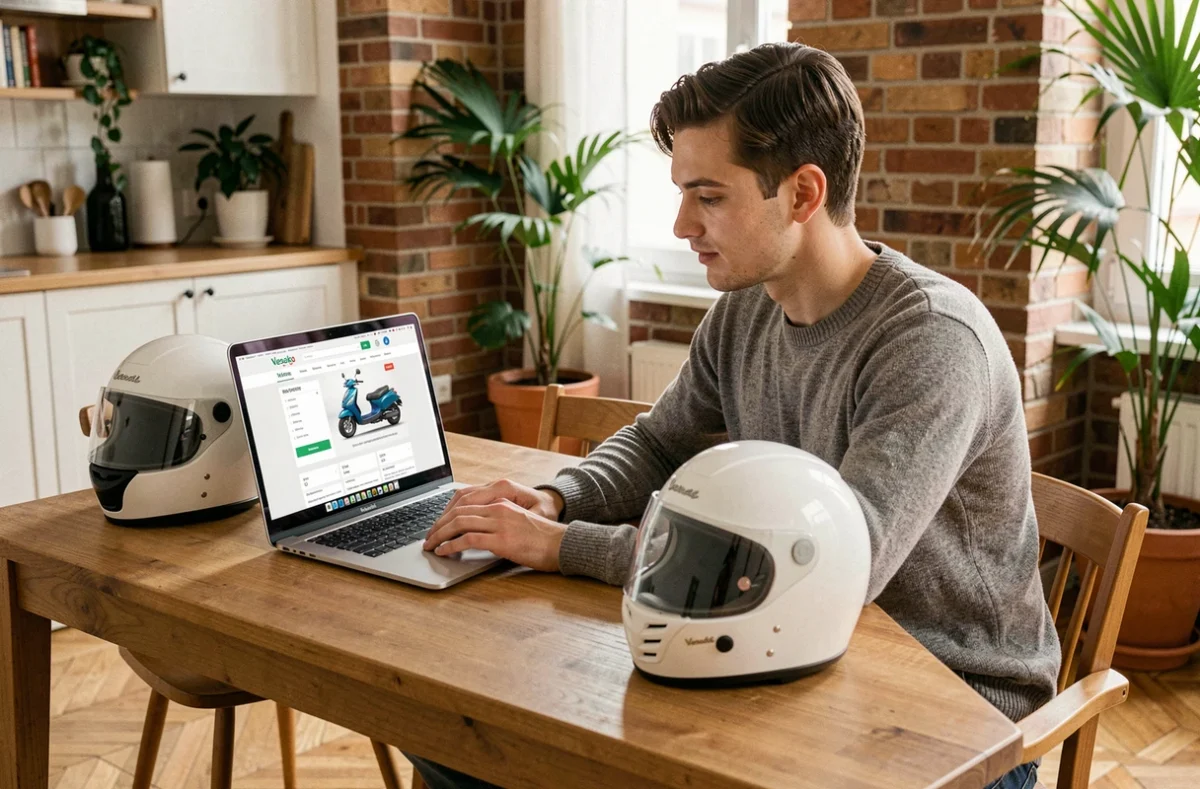 Jeune homme comparant les prix d'assurance pour une Vespa 125 sur son ordinateur portable dans un appartement moderne