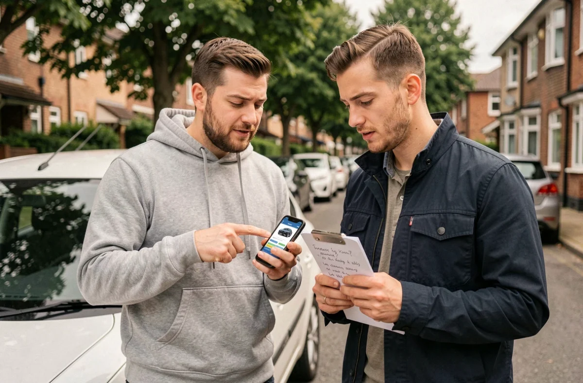 Deux acheteurs comparent les prix d'une voiture d'occasion sur smartphone avant de négocier avec le vendeur