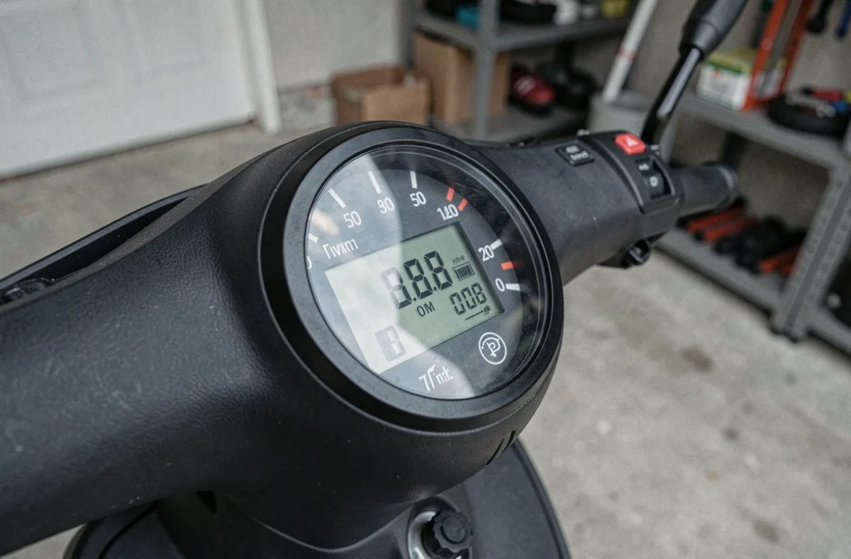 Compteur kilométrique de scooter en gros plan dans un garage, symbolisant le calcul des kilomètres pour une assurance scooter au kilomètre