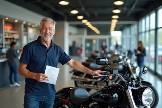 Concessionnaire moto présentant une moto en bon état avec un document d'estimation de revente dans un showroom moderne