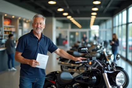 Concessionnaire moto présentant une moto en bon état avec un document d'estimation de revente dans un showroom moderne
