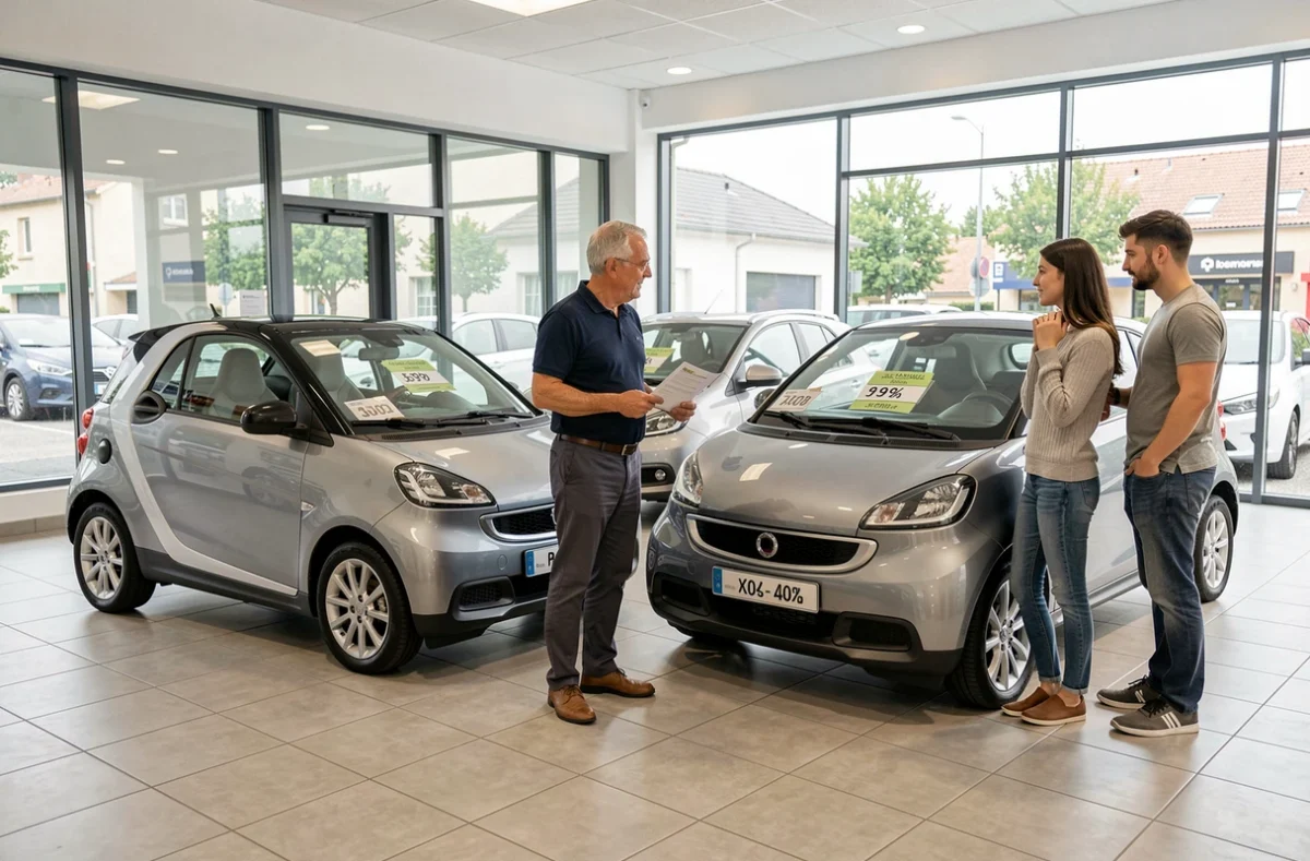 Concessionnaire présentant des modèles de voitures sans permis neuves à des clients en showroom