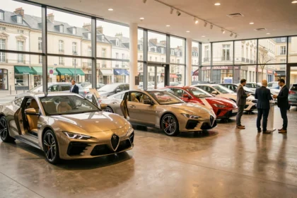 Vue intérieure d'un grand showroom automobile dans la Loire avec plusieurs véhicules exposés et des vendeurs accueillant des clients