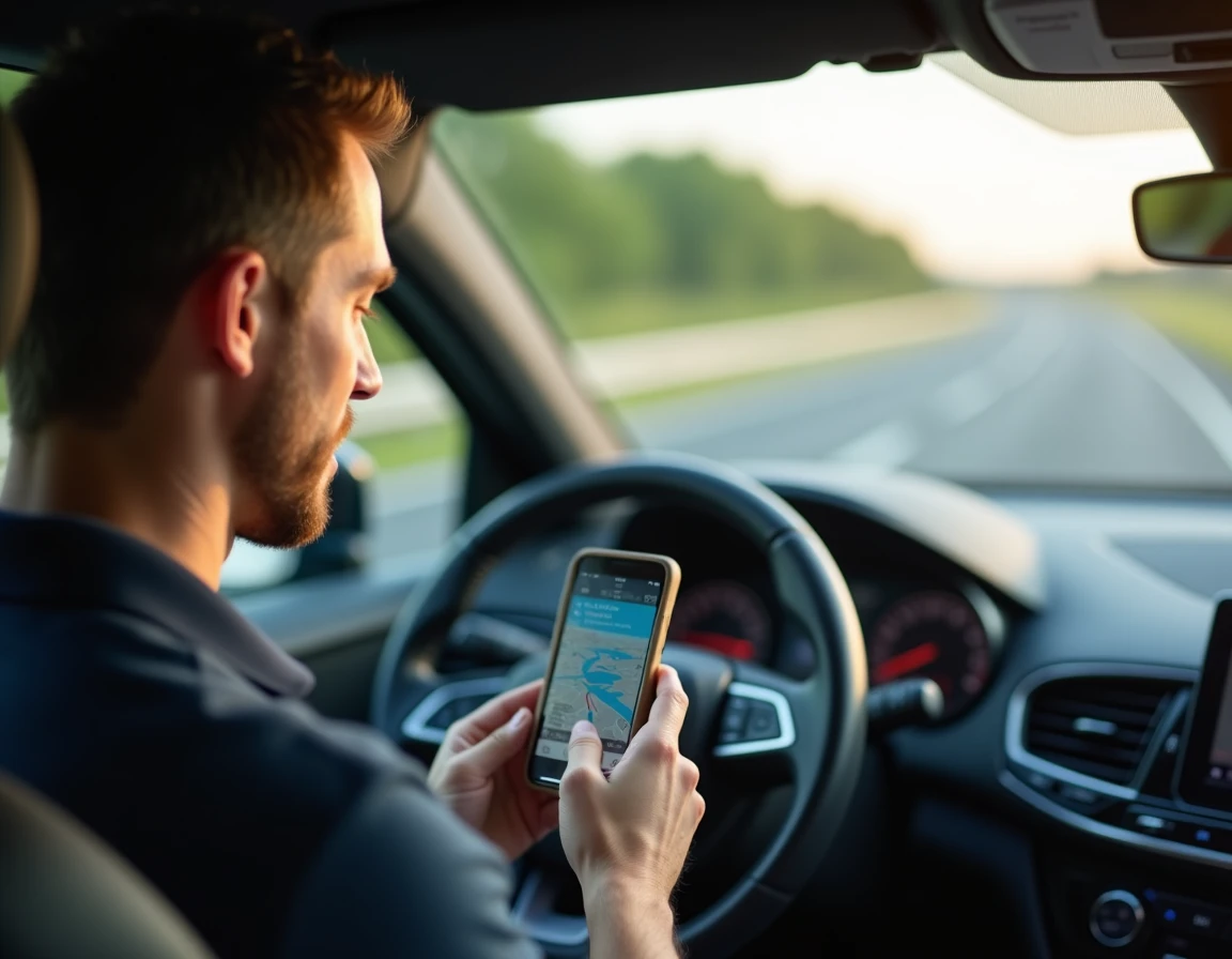 Conducteur consultant une application GPS sur l'autoroute pour trouver un itinéraire gratuit vers la mer