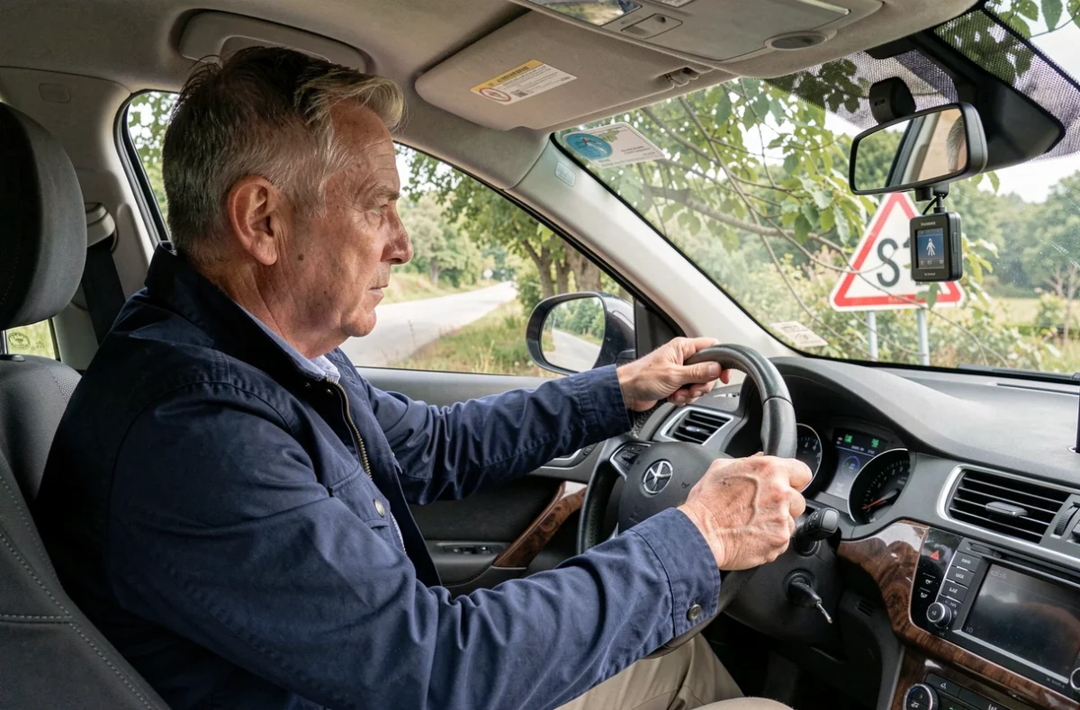 Conducteur en voiture face à un panneau de priorité masqué par la végétation sur route rurale
