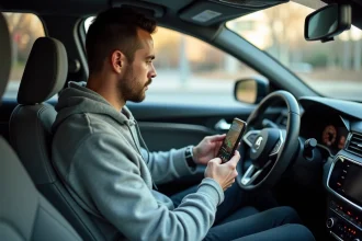 Conducteur vérifiant les réglages de vitesse en km/h sur une application GPS montée sur le tableau de bord d'une voiture
