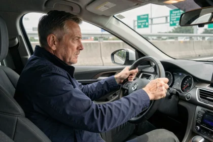 Conducteur au volant d'une voiture arrêtée sur le bord d'une autoroute française, regard inquiet