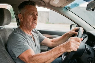 Conducteur agrippant le volant avec tension, illustrant les mauvaises habitudes de conduite causant des vibrations au volant