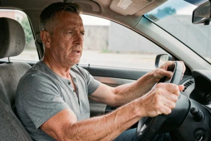 Conducteur agrippant le volant avec tension, illustrant les mauvaises habitudes de conduite causant des vibrations au volant