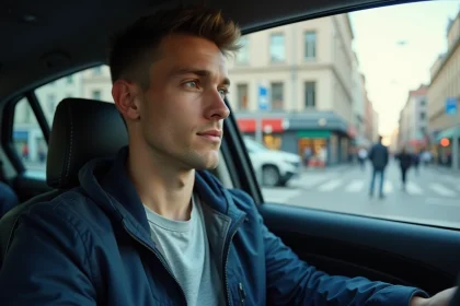 Jeune conducteur attentif au volant d'une voiture en milieu urbain, illustrant la conduite en ville et la formation à la conduite urbaine