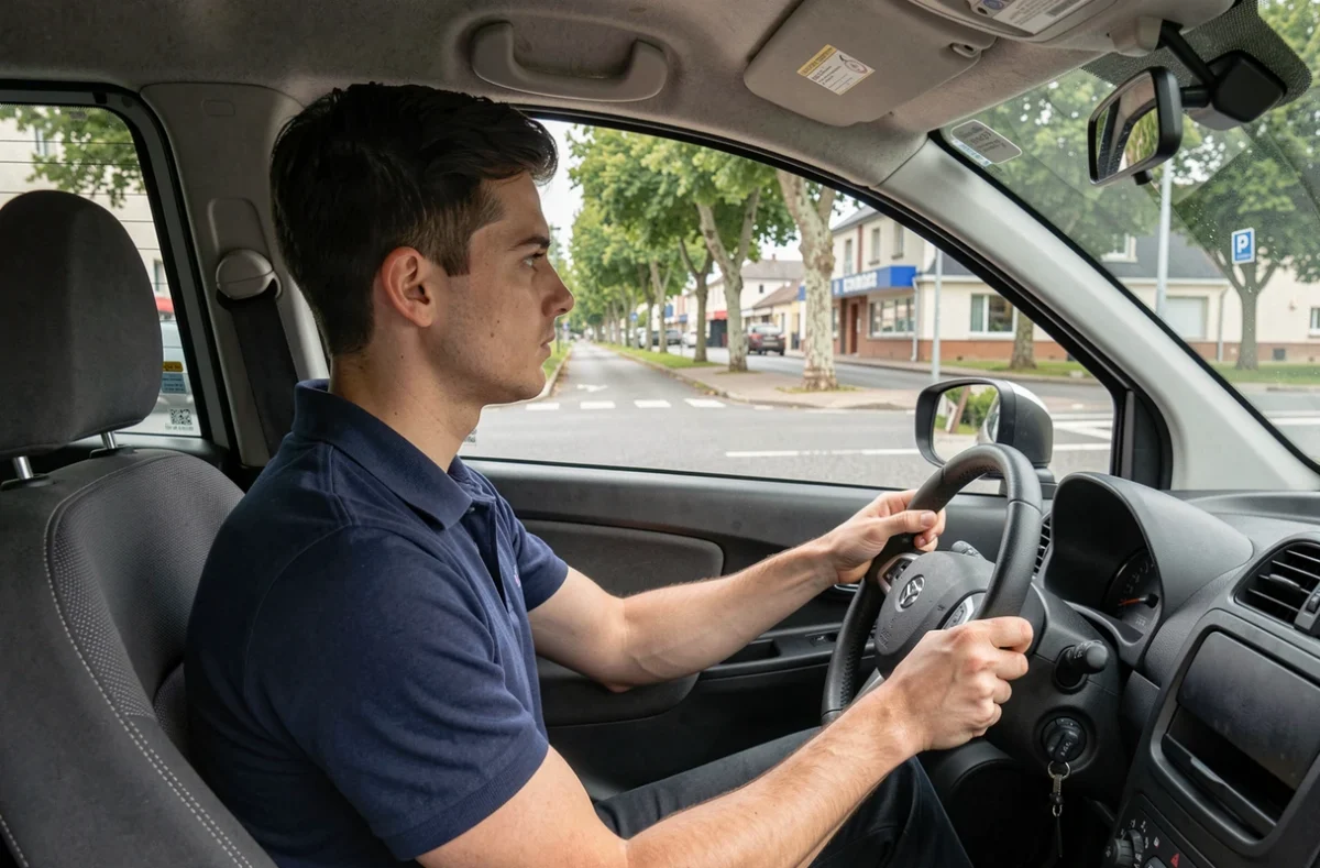 Jeune homme au volant d'une voiture sans permis sur une route de la périphérie de Cholet
