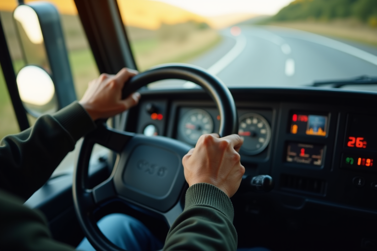 Détails du conducteur tenant le volant dans la cabine du camion