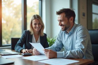 Conseiller assurance souriant expliquant documents au client