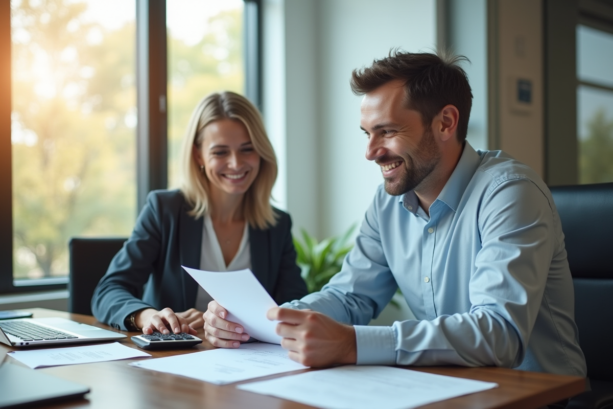 Conseiller assurance souriant expliquant documents au client