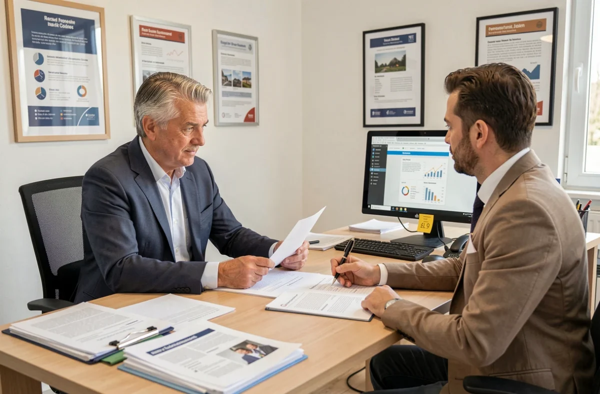 Homme en consultation avec un conseiller en assurance auto dans une agence à Draguignan