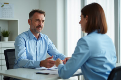 Homme d'âge moyen en consultation avec une médecin dans un cabinet