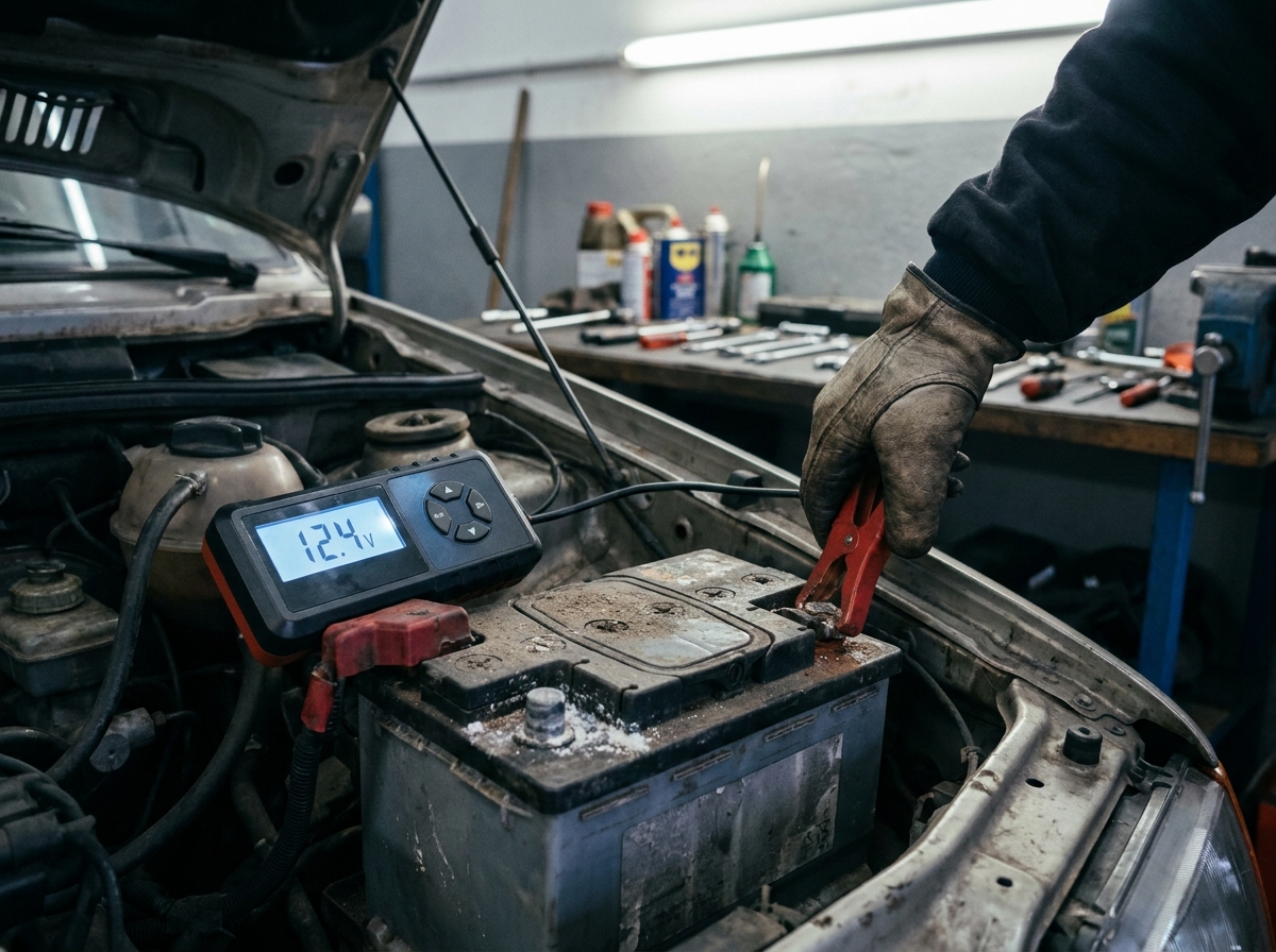 Test de la tension d'une batterie de voiture âgée avec un testeur de batterie numérique dans le compartiment moteur