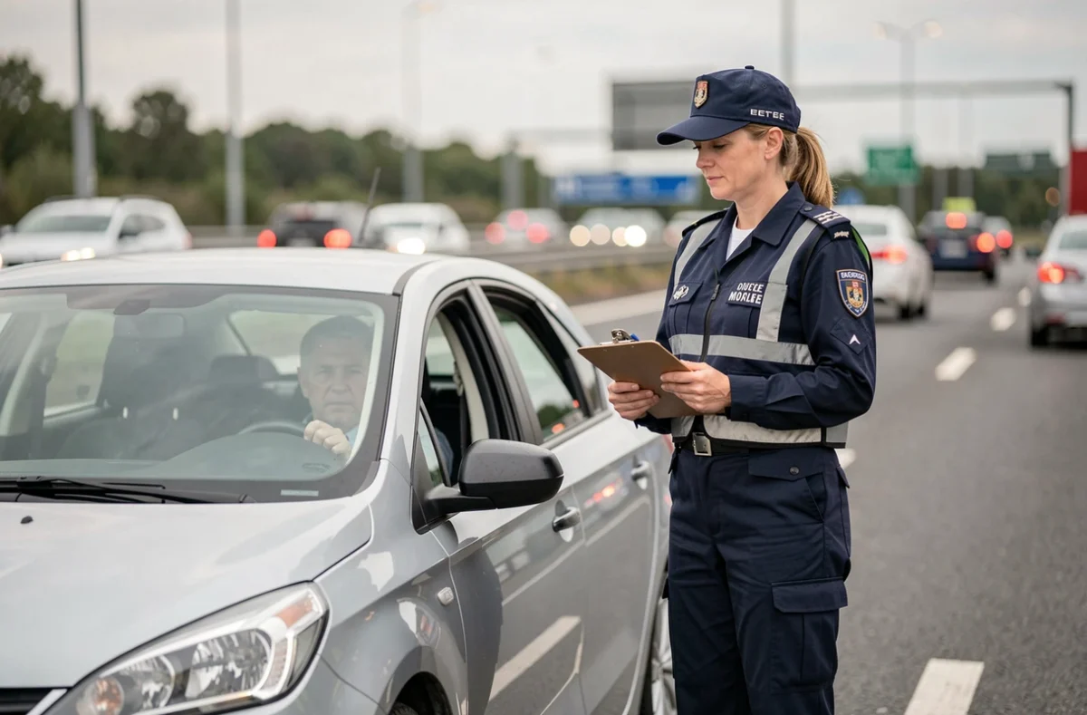 Gendarme contrôlant un conducteur arrêté sur le côté d'une autoroute en France