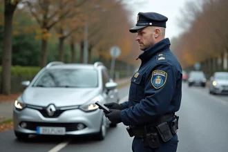 Policier français contrôlant une plaque d'immatriculation noire illégale lors d'un arrêt routier