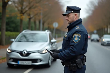 Policier français contrôlant une plaque d'immatriculation noire illégale lors d'un arrêt routier