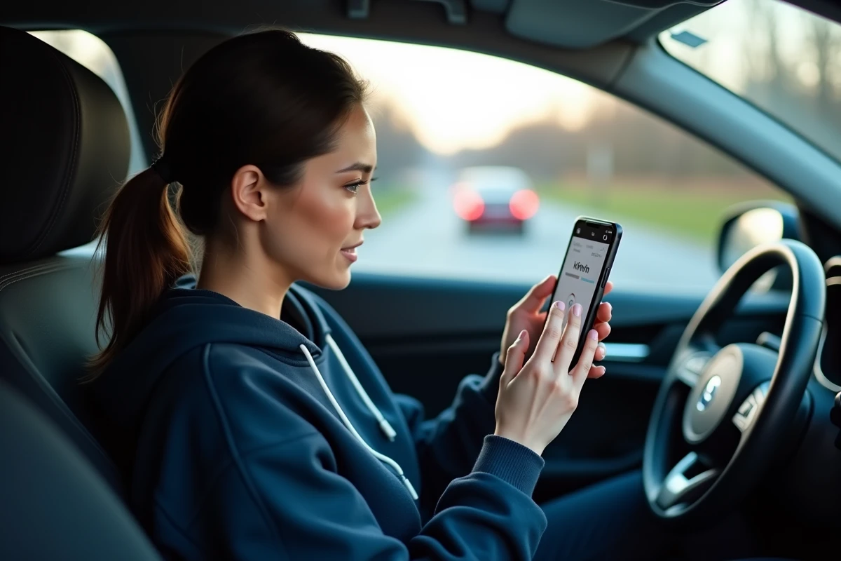 Femme consultant une application de conversion miles par heure en km/h sur smartphone depuis l'intérieur d'une voiture