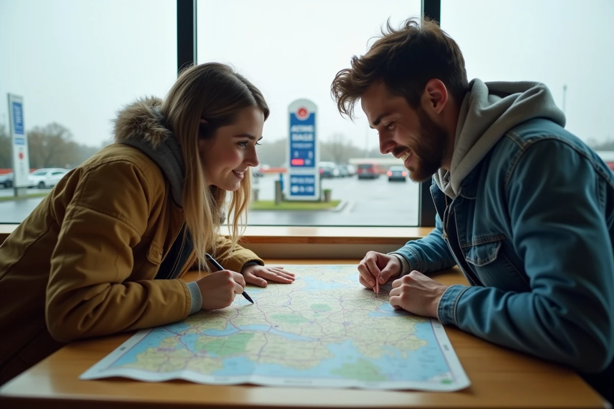 Couple étudiant une carte des autoroutes françaises sur une table de café près d'un péage pour éviter les embouteillages