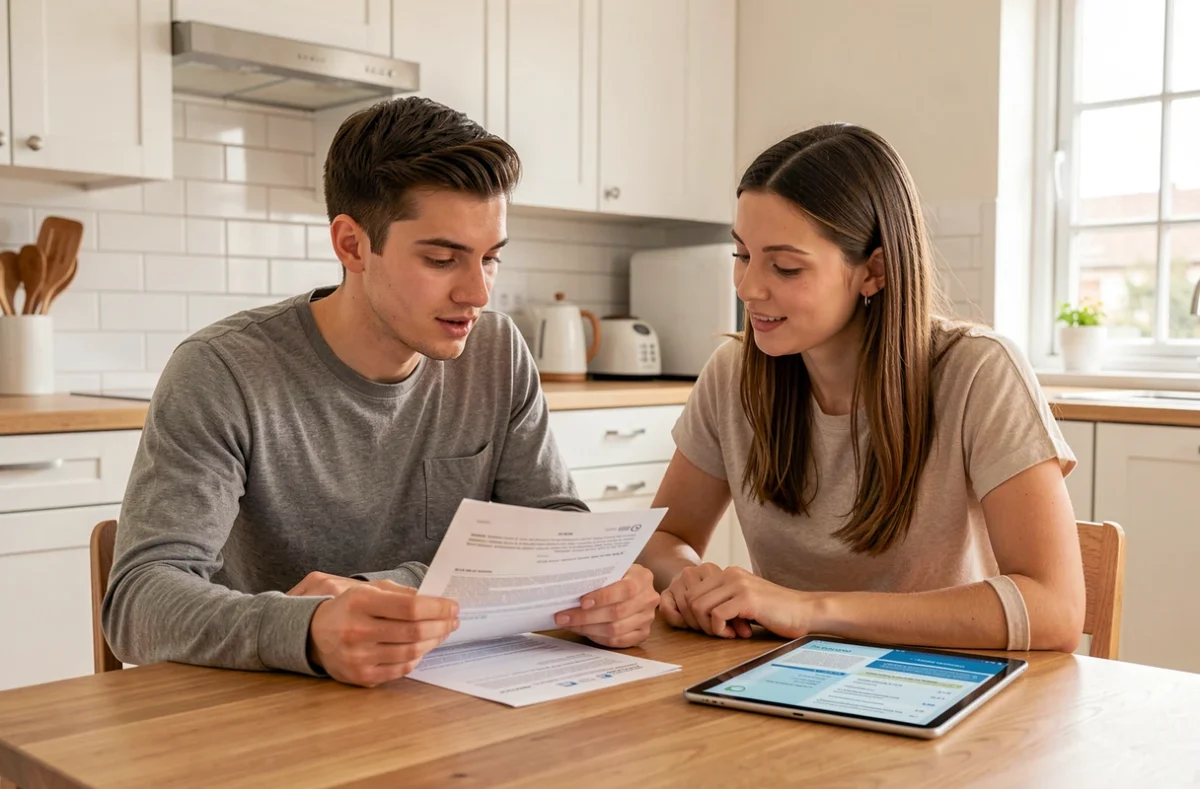 Couple examinant des documents et un comparateur d'assurance auto sur tablette dans une cuisine moderne