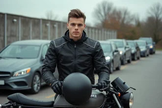 Jeune motard débutant debout à côté d'une moto puissante naked 900cc dans un parking urbain, casque sous le bras, regard hésitant