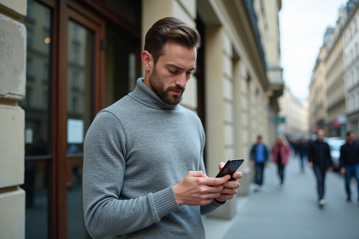 Homme vérifiant les délais de résultats de son permis de conduire en candidat libre sur son téléphone devant une préfecture