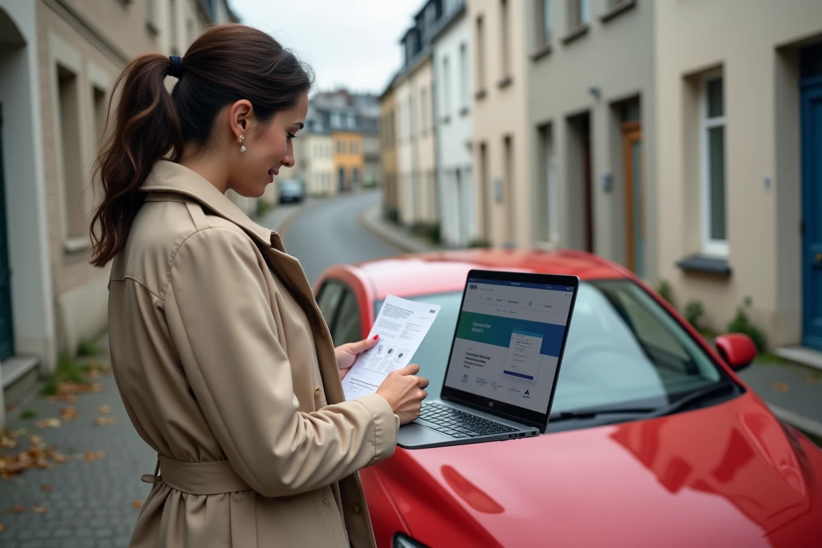 Femme consultant le site Crit'Air sur un ordinateur portable posé sur sa voiture dans une rue de Rennes