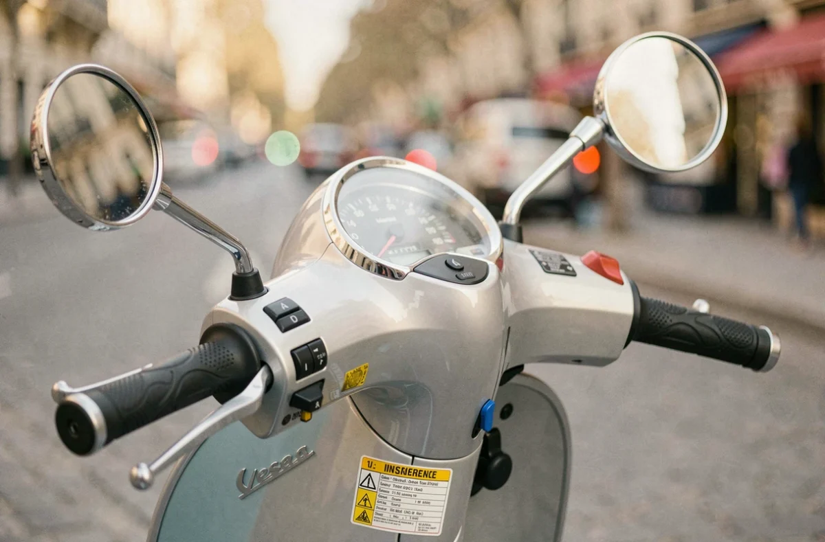 Détail du guidon d'une Vespa 125 avec autocollant d'assurance et compteur de vitesse sur un boulevard parisien