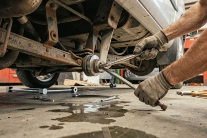 Mécanicien inspectant la suspension arrière d'une Peugeot 206 sous le véhicule avec un pied de biche pour diagnostiquer un bruit de claquement