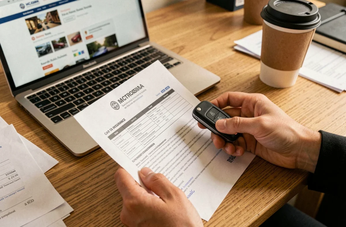 Mains tenant une clé de voiture et un document d'assurance auto sur un bureau d'étudiant avec ordinateur portable