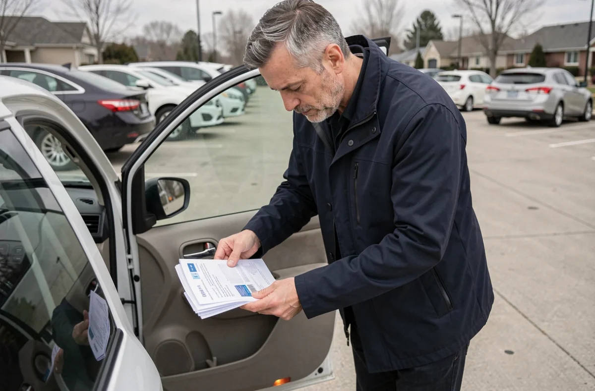 Homme rangeant les documents d'assurance automobile dans la boîte à gants de sa voiture