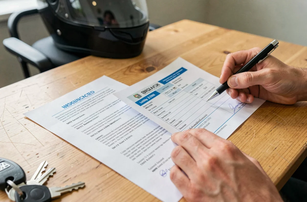 Documents d'assurance moto et carte grise entre les mains d'un jeune conducteur récemment titulaire du permis