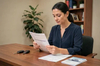 Femme consultant des documents d'assurance auto et une carte grise posées sur un bureau en bois