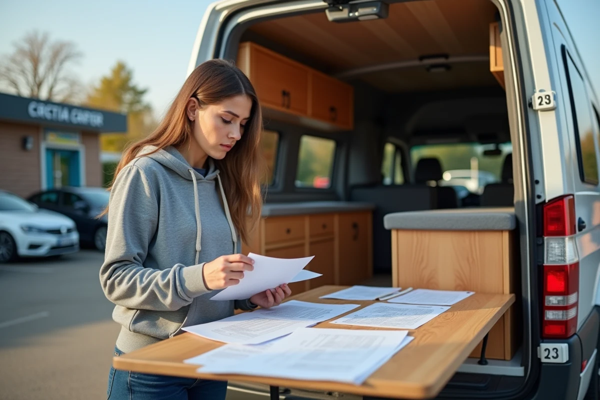 Femme vérifiant les documents d'homologation VASP de son van aménagé avant le contrôle technique