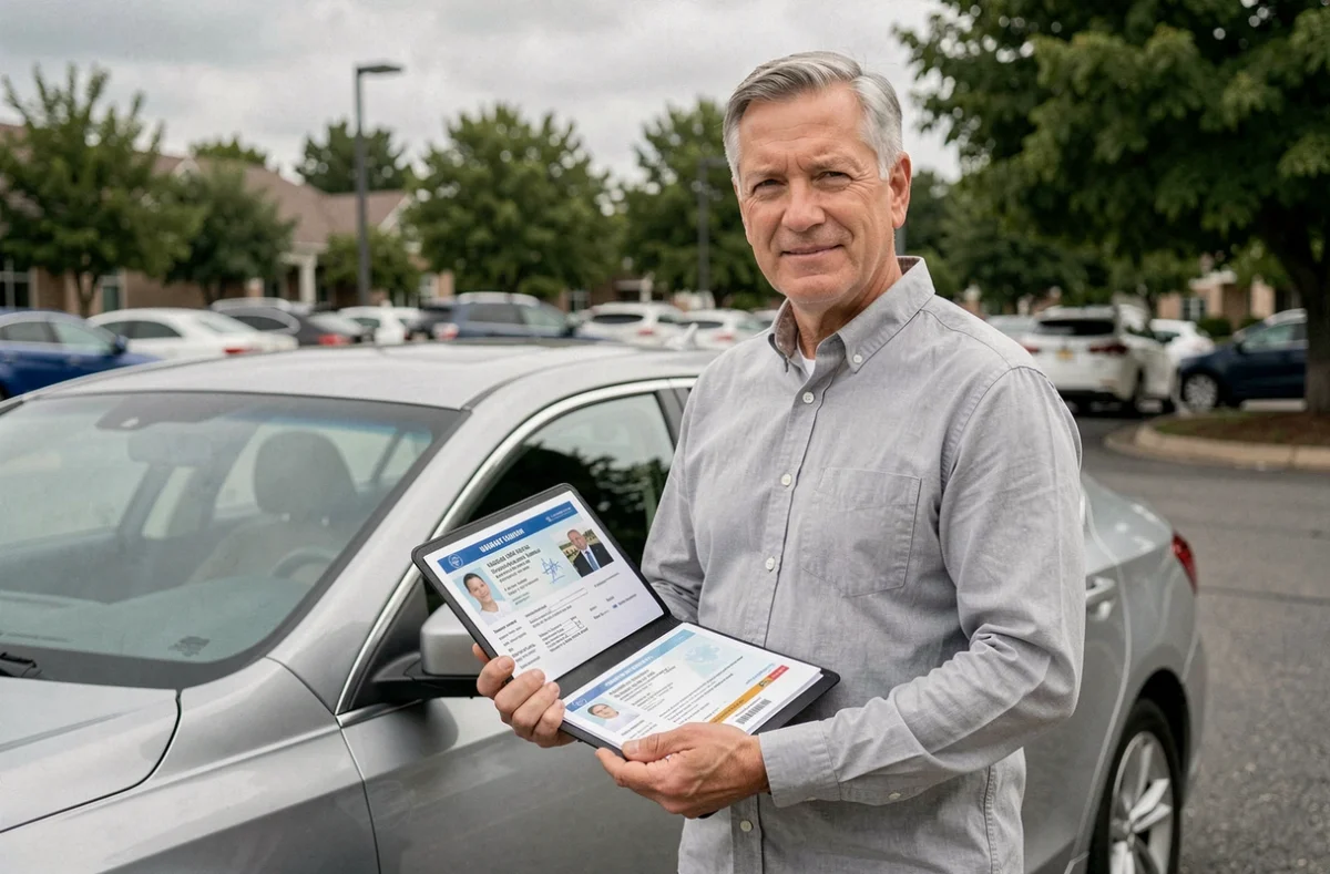 Homme tenant un dossier de documents nécessaires à l'assurance automobile près de sa voiture