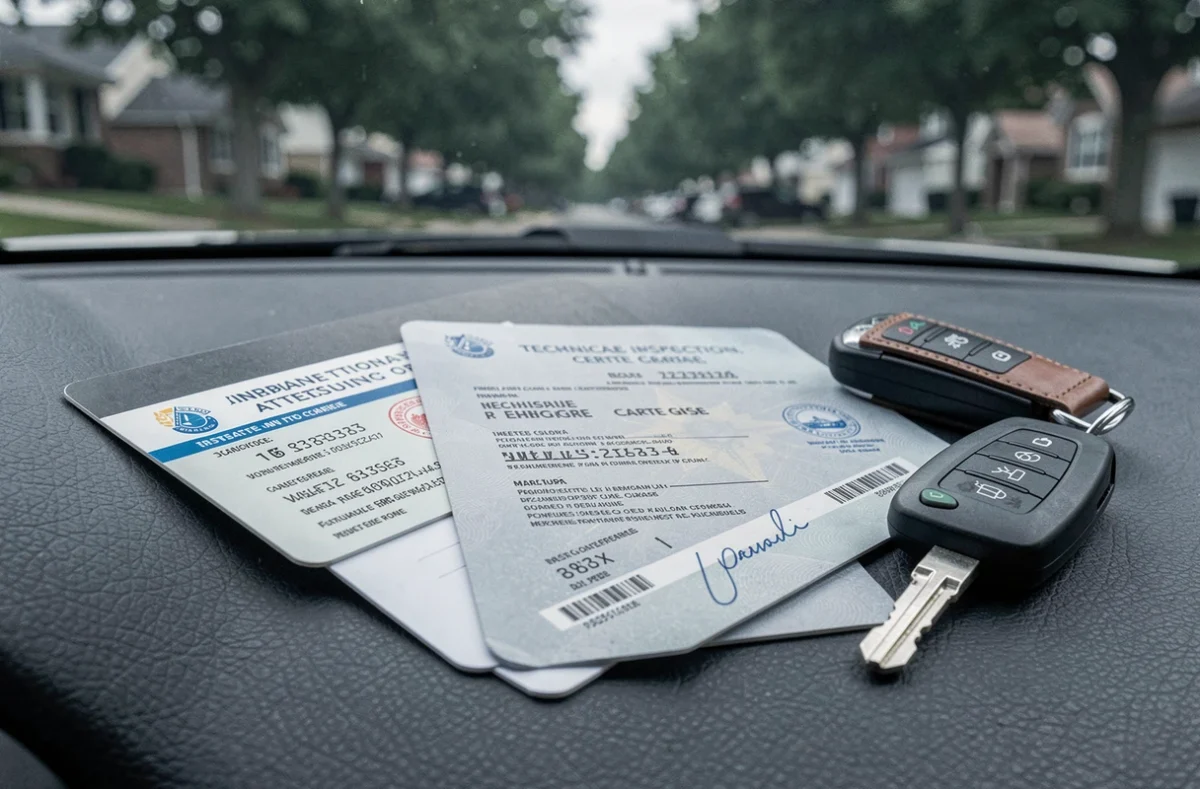 Documents obligatoires à conserver dans la voiture : attestation d'assurance, carte grise et contrôle technique