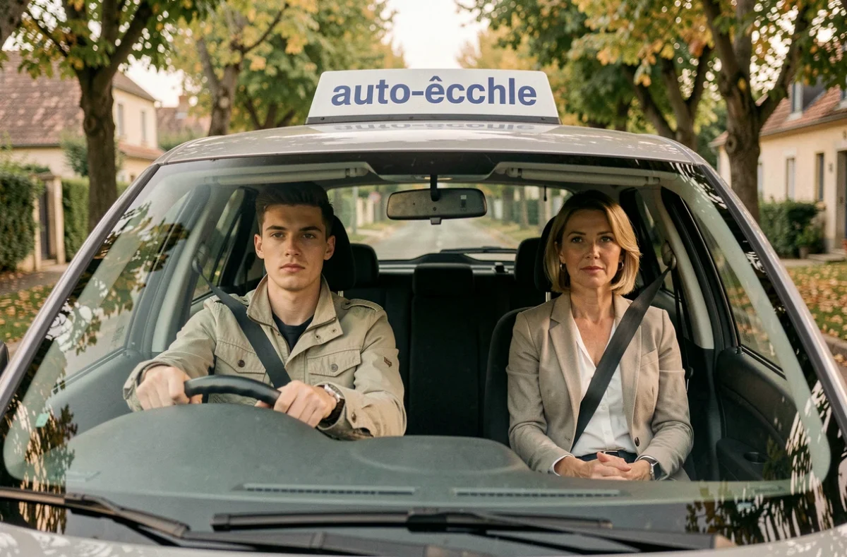 Élève et monitrice de Driving School Bouvier dans un véhicule d'auto-école sur une route de Sillé-le-Guillaume