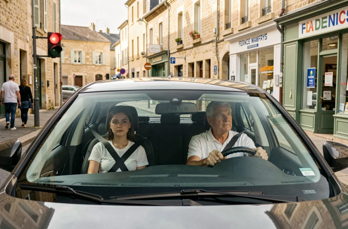 Moniteur de Driving School St Antoine surveillant une élève à un feu rouge dans le centre de La Ferté-Bernard