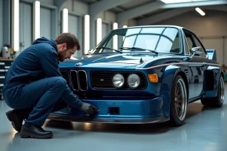 Technicien inspectant une BMW CSL dans un atelier de service moderne, entretien et maintenance du véhicule