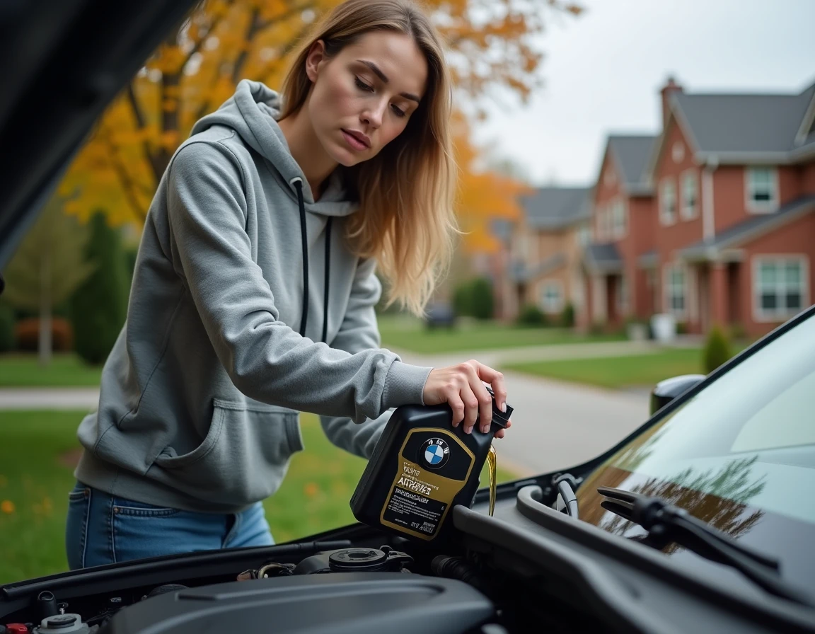 Femme effectuant la vidange d'huile moteur sur une BMW avec huile homologuée
