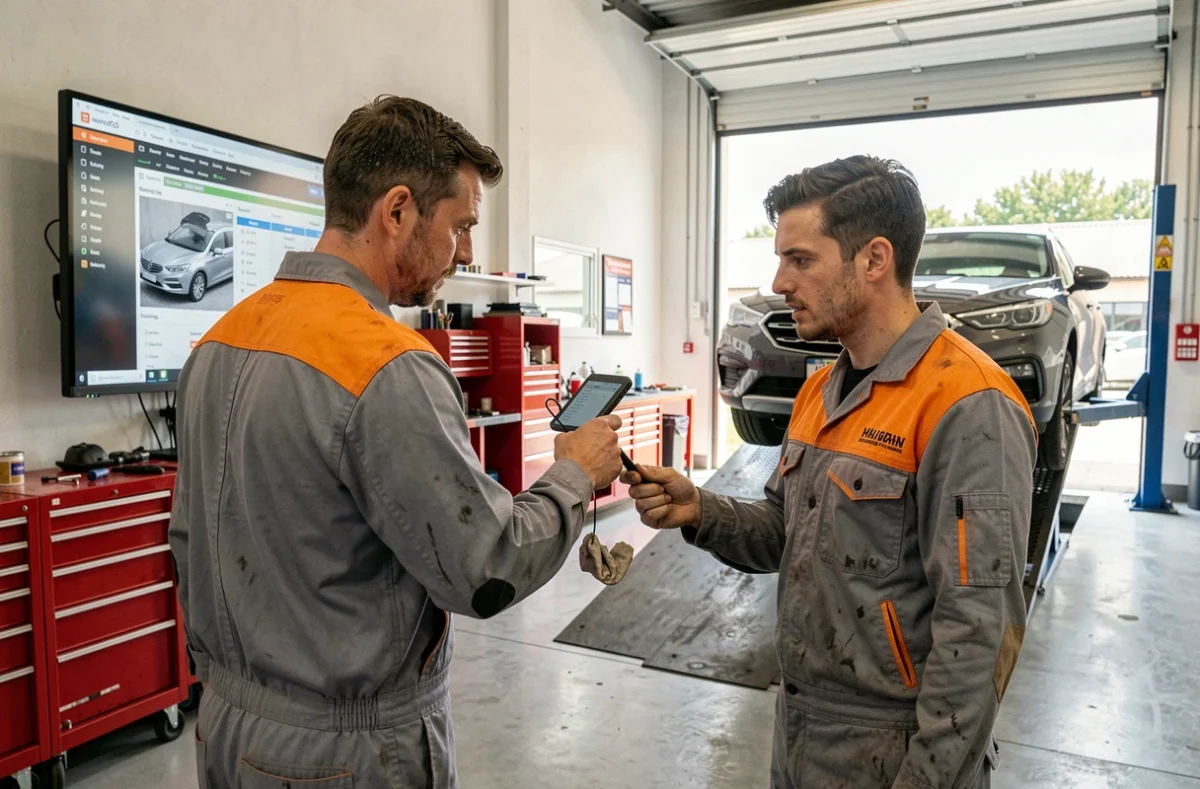 Deux mécaniciens débutants collaborant sur un écran tactile avec un logiciel de suivi des réparations automobiles dans un garage moderne