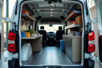 Espace de travail organisé dans un Peugeot Expert cargo lumineux