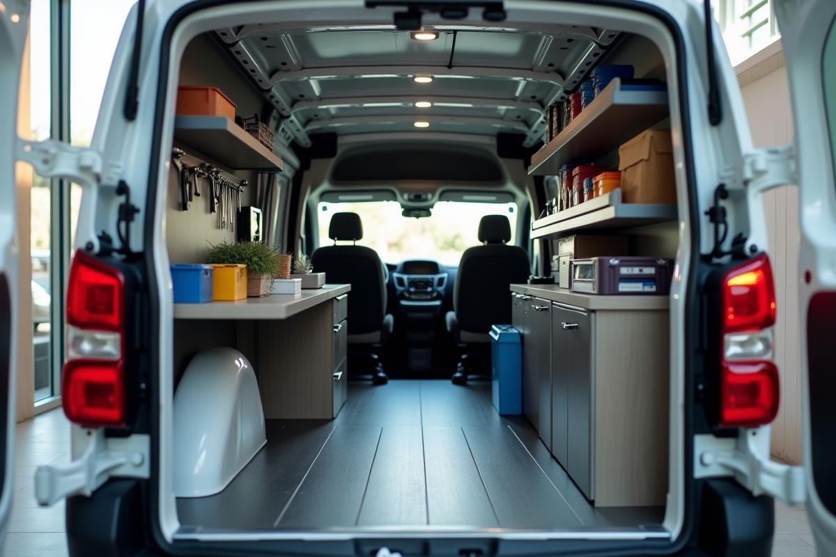 Espace de travail organisé dans un Peugeot Expert cargo lumineux