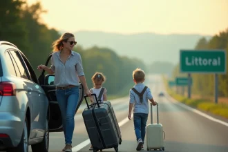 Famille française chargeant ses bagages sur une aire d'autoroute avec panneau direction littoral en arrière-plan