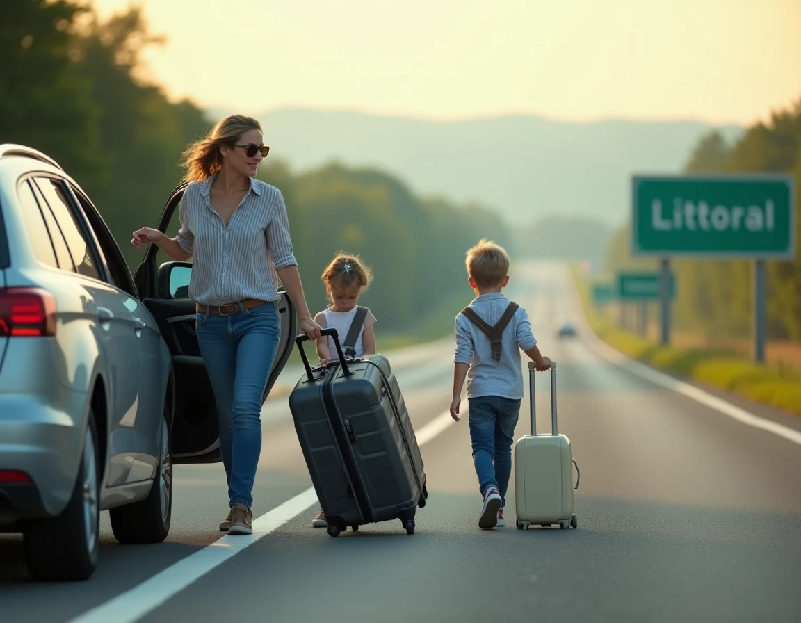 Famille française chargeant ses bagages sur une aire d'autoroute avec panneau direction littoral en arrière-plan